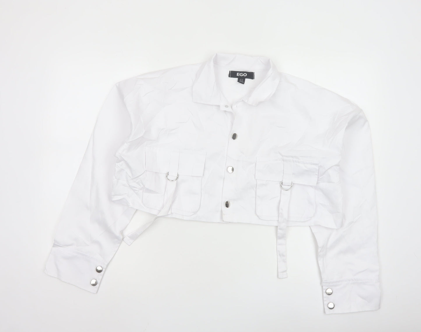 EGO Women's White Cropped Bomber Jacket UK 10 Cotton Blend
