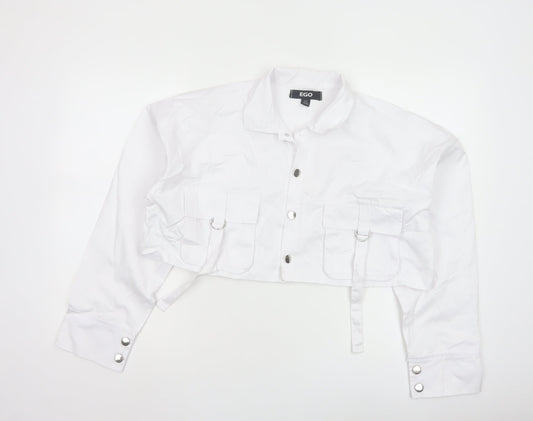EGO Women's White Cropped Bomber Jacket UK 10 Cotton Blend