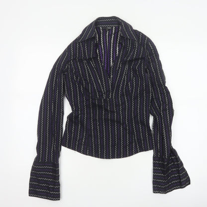 Next Women's Black Striped Collared Long Sleeve Blouse Size 8