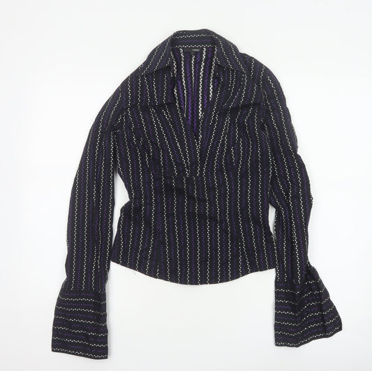 Next Women's Black Striped Collared Long Sleeve Blouse Size 8