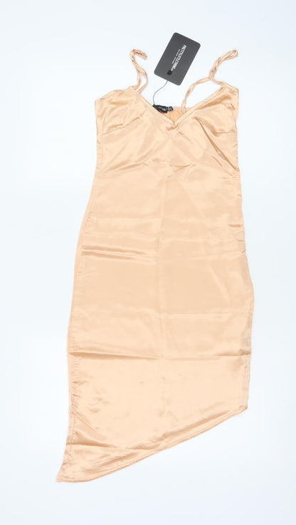 PrettyLittleThing Women’s Beige Satin Asymmetric Slip Dress Size 4