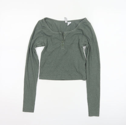 H&M Divided Women's Green XS Cropped Long Sleeve Button Top