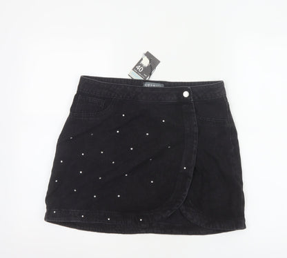 Primark Women's Black Denim Wrap Mini Skirt Size 12 Studded Casual