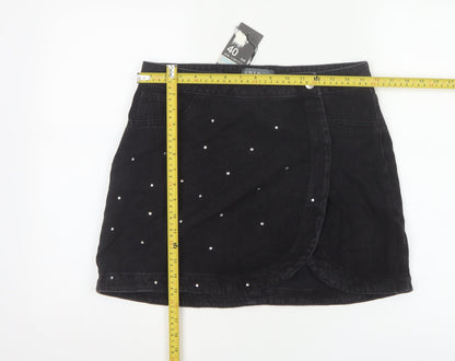 Primark Women's Black Denim Wrap Mini Skirt Size 12 Studded Casual