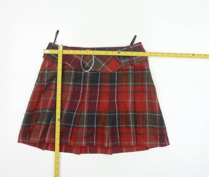 Next Women's Red Check Pleated Mini Skirt Size 12 Wool Blend