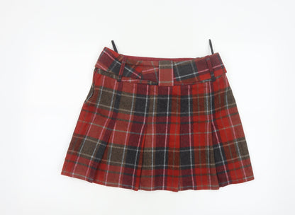 Next Women's Red Check Pleated Mini Skirt Size 12 Wool Blend