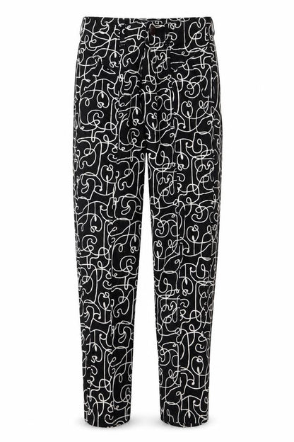 Lucy & Yak Women's Black Geometric High Rise Tapered Cotton Trousers 26/30