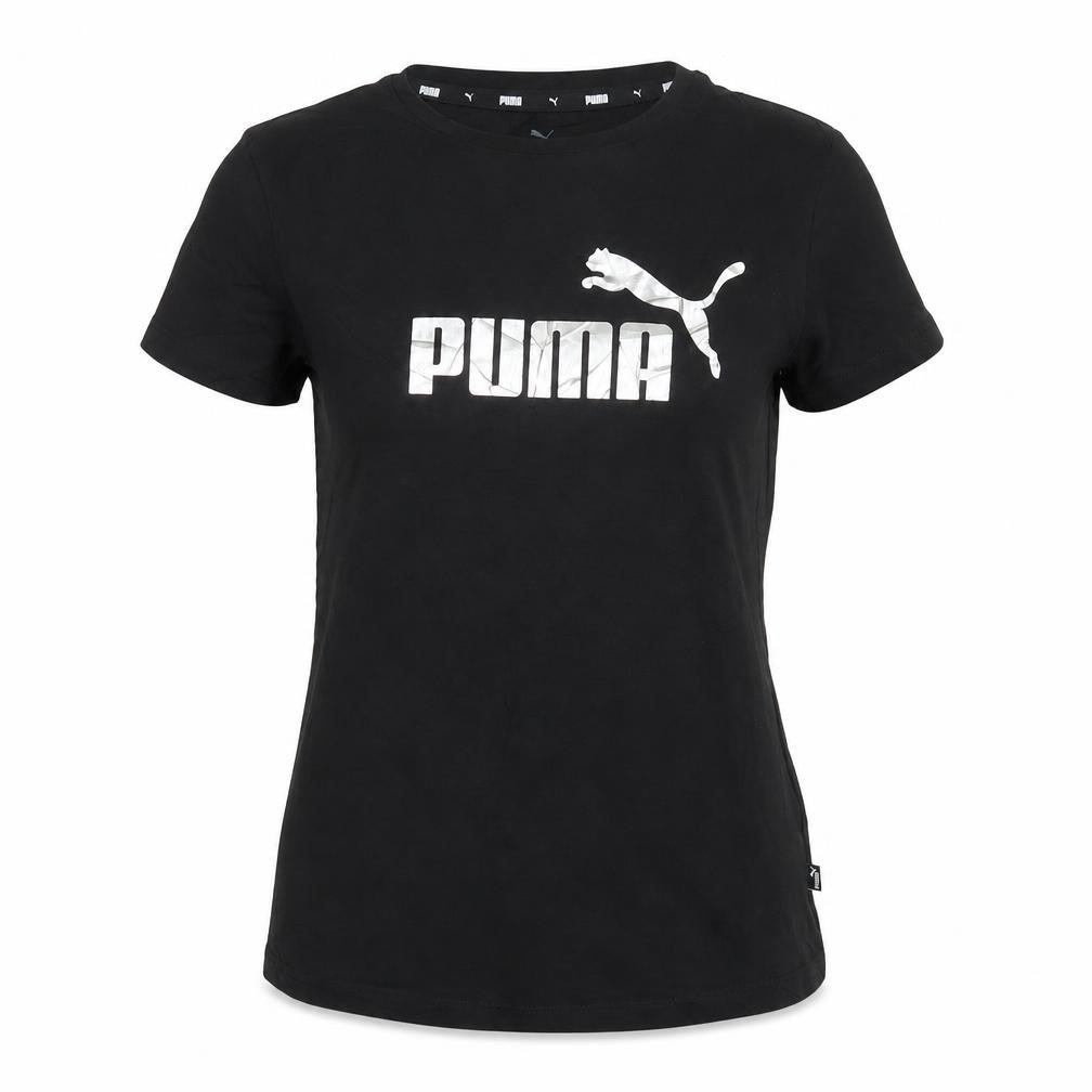 Front view of Puma girls’ black short sleeve crew neck logo t-shirt, size 15-16, years