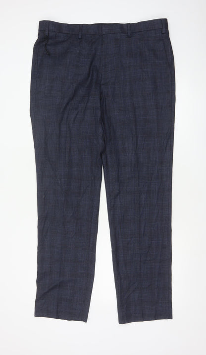 Marks and Spencer Men's Blue Check Regular Fit Trousers 38L