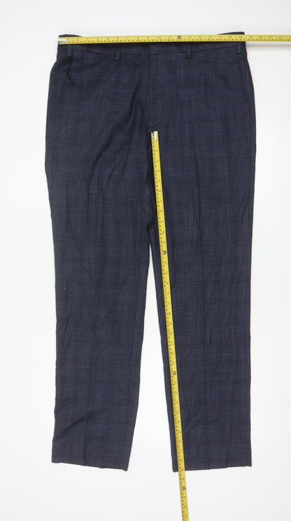 Marks and Spencer Men's Blue Check Regular Fit Trousers 38L