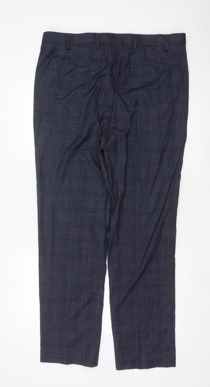 Marks and Spencer Men's Blue Check Regular Fit Trousers 38L