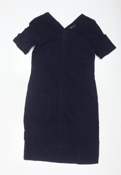 Marks and Spencer Women's Navy V-Neck Linen Blend Shift Dress Size 6