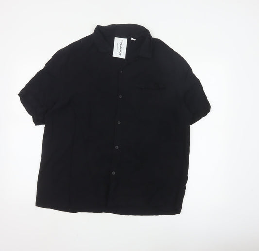 Collusion Unisex Black Button-Up Shirt L Viscose Short Sleeve