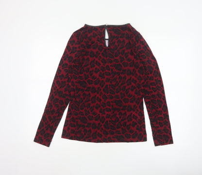 Oasis Women's Red Leopard Print Long Sleeve Jersey Blouse M