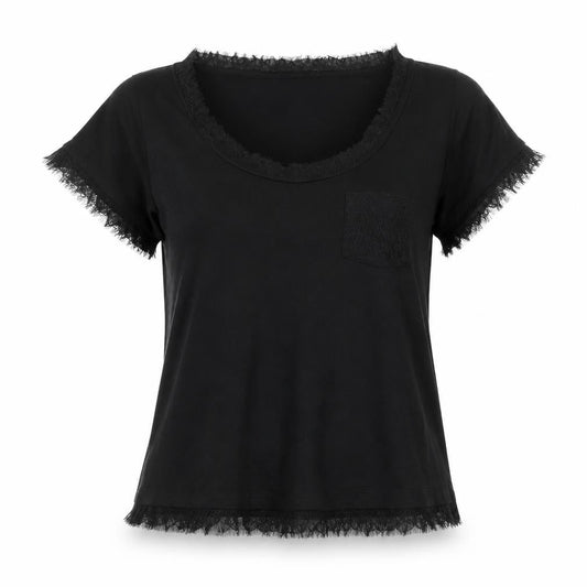Tommy Hilfiger Women's Black Lyocell Lace Trim Short Sleeve Blouse L