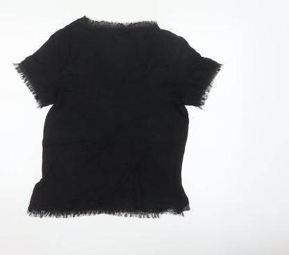 Tommy Hilfiger Women's Black Lyocell Lace Trim Short Sleeve Blouse L