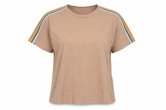 Bershka Womens Beige Rainbow Stripe Sleeve Cotton T-Shirt Size 12
