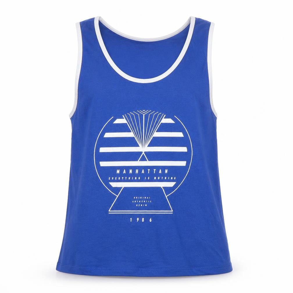 River Island Men's Blue Graphic Sleeveless Cotton Tank Top M