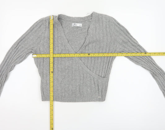 Hollister Women Grey Wrap V-Neck Ribbed Knit Jumper Size L