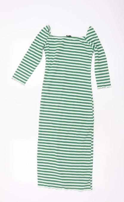 Stradivarius Women Green Stripe Bodycon Midi Dress Size 8