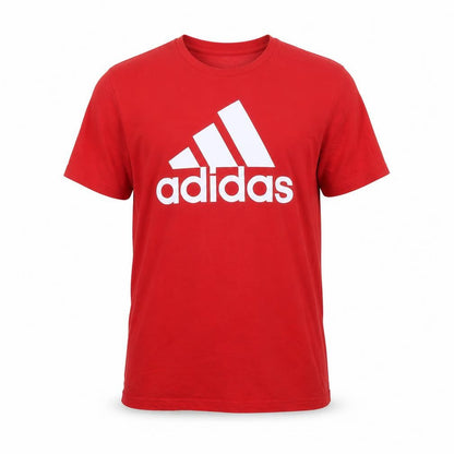 Front view of Adidas Men's Red Cotton Graphic Logo T-Shirt M Regular Fit Crew Neck