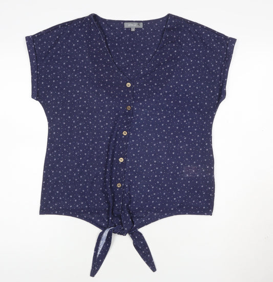Principles Women Blue Floral V-Neck Button Tie Blouse Size 12