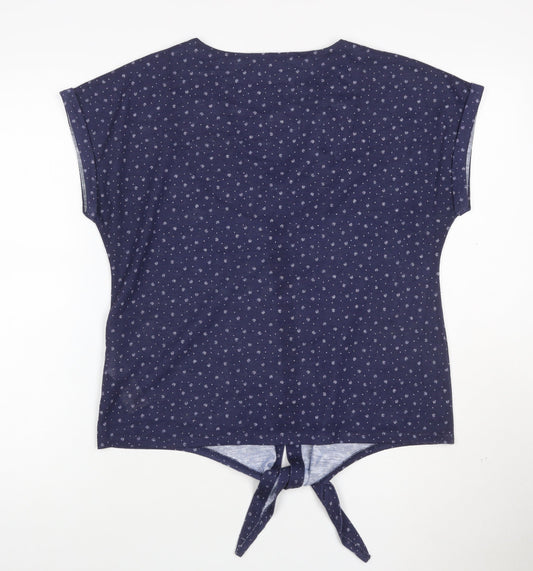Principles Women Blue Floral V-Neck Button Tie Blouse Size 12