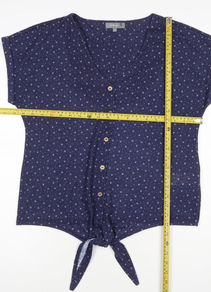 Principles Women Blue Floral V-Neck Button Tie Blouse Size 12
