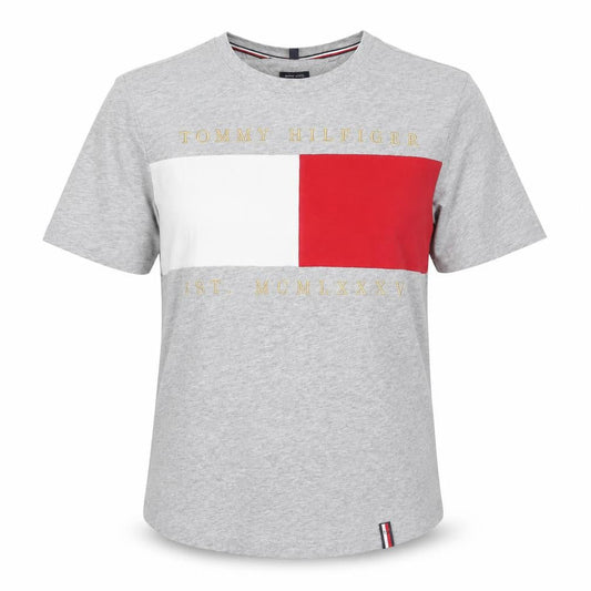 Front view of Tommy Hilfiger unisex grey colourblock cotton t-shirt, size S