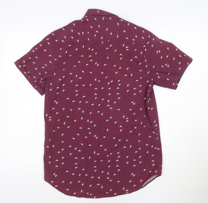 Topman Men's Red Bird Print Short Sleeve Cotton Button-Up Shirt Size S