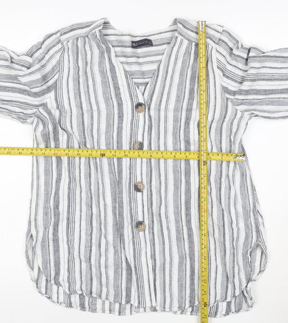Marks and Spencer Women Grey Striped Linen Tunic Shirt Size 16