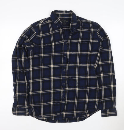 Zara Men's Blue Check Relaxed Fit Button-Up Flannel Shirt Size M