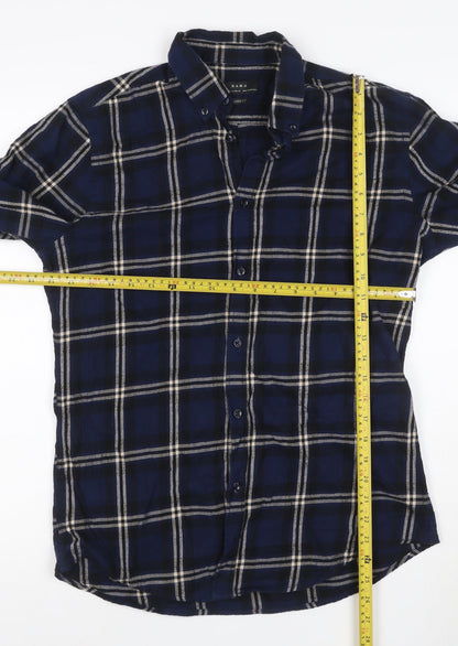 Zara Men's Blue Check Relaxed Fit Button-Up Flannel Shirt Size M