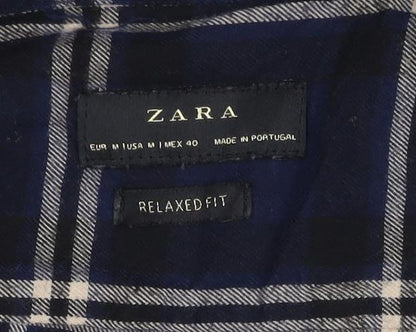 Zara Men's Blue Check Relaxed Fit Button-Up Flannel Shirt Size M
