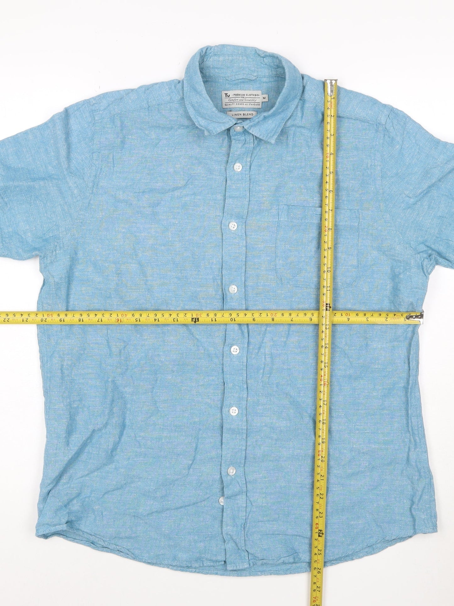 Tu Men’s Blue Linen Blend Short Sleeve Button-Up Shirt M