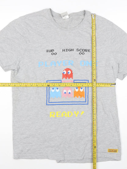 George Men’s Grey Pac-Man Graphic T-Shirt Size L 100% Cotton Retro Gamer Style