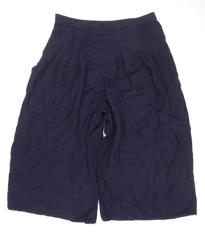 Next Women Navy Blue Linen Wide-Leg Cropped Trousers Size 16