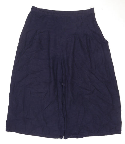 Next Women Navy Blue Linen Wide-Leg Cropped Trousers Size 16