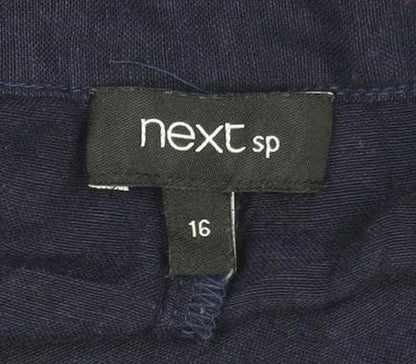 Next Women Navy Blue Linen Wide-Leg Cropped Trousers Size 16