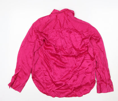 ZARA Women Pink Viscose Satin Button-Up Long Sleeve Shirt Size 12