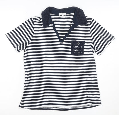 CC Women Blue Striped Cotton Polo Shirt Size M Short Sleeve