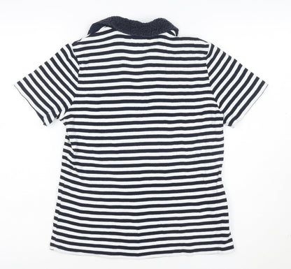 CC Women Blue Striped Cotton Polo Shirt Size M Short Sleeve