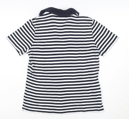 CC Women Blue Striped Cotton Polo Shirt Size M Short Sleeve