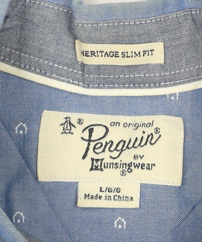 Original Penguin Men's Blue Slim Fit Button-Up Shirt L