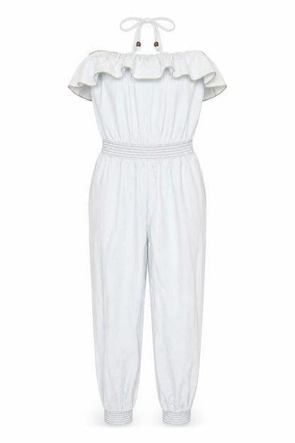 Denim Co Women Blue Strapless Ruffle Jumpsuit Size 12 Elastic Waist