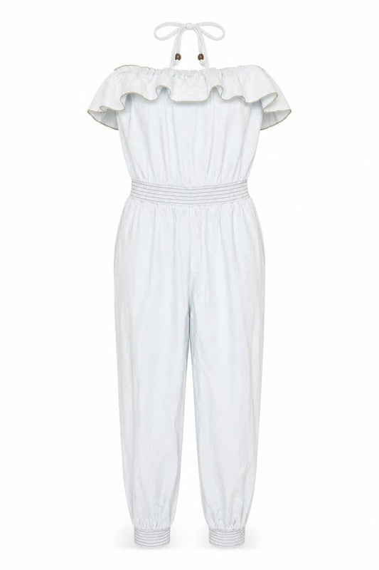 Denim Co Women Blue Strapless Ruffle Jumpsuit Size 12 Elastic Waist