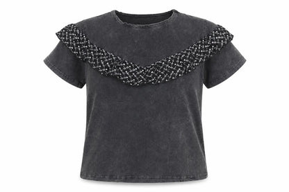 Oasis Womens Grey Ruffle Short Sleeve Cotton T-Shirt Size S