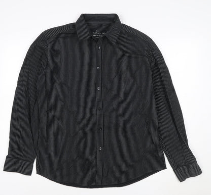 Next Men's Black Pinstripe Cotton Long Sleeve Button-Up Shirt Large