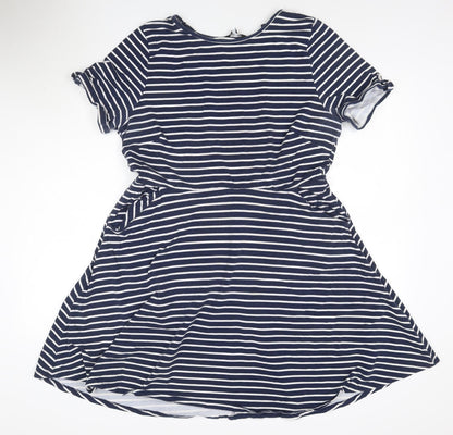 Dorothy Perkins Women Blue Striped Skater Dress Size 18 Short Sleeve