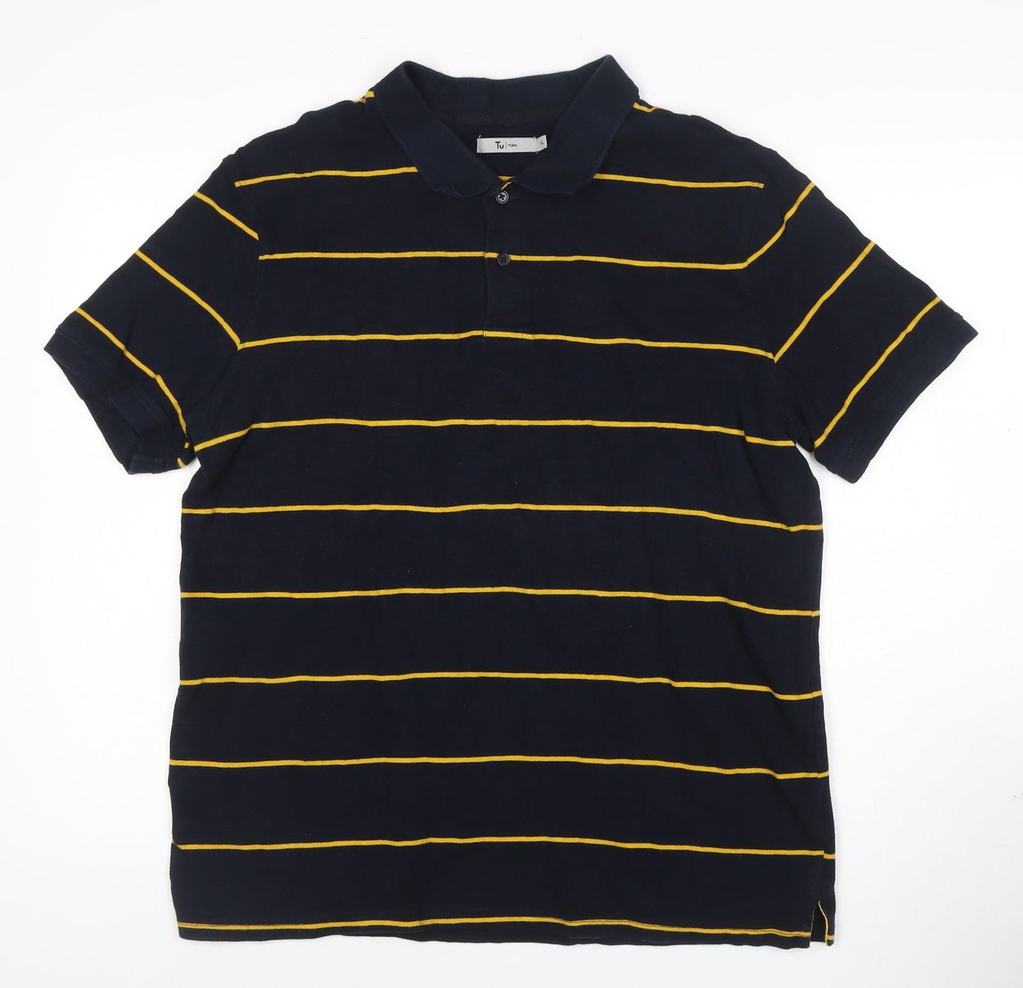 Tu Men’s Blue Yellow Striped Cotton Polo Shirt XL Regular Fit